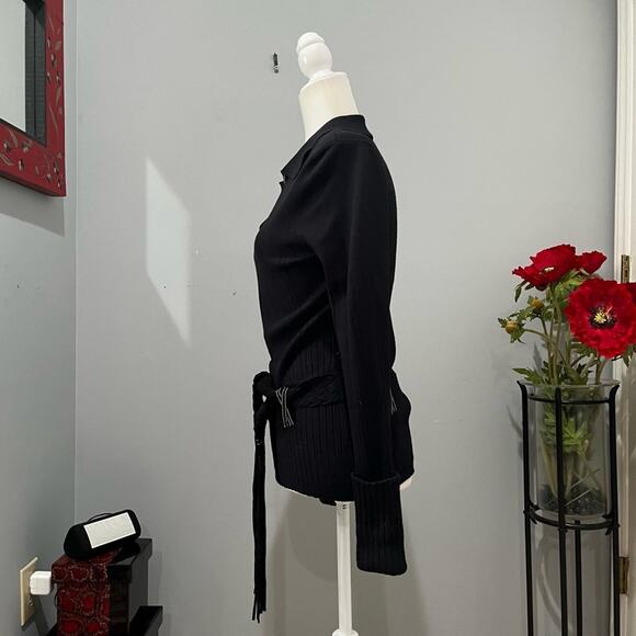 NEW Willi Smith Ribbed Boho Fringe Belted Contrast Longline Collar Sweater Top S - Picture 4 of 13